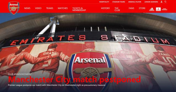 阿森纳被隔离 英超首次因疫情延期比赛