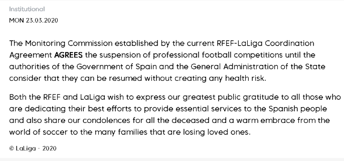 重磅官宣!本赛季西甲将无限期推迟,西班牙人或将因祸得福!