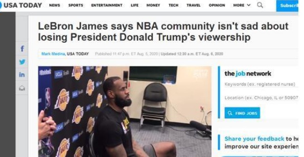 特朗普表示不会再看NBA，詹姆斯霸气表示无所谓