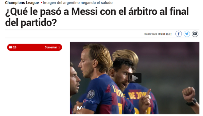 梅西生气了？对裁判不满，拒绝握手！