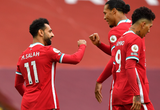 英超2020-2021赛季第一轮利物浦vs利兹联 萨拉赫戴帽范戴克头槌