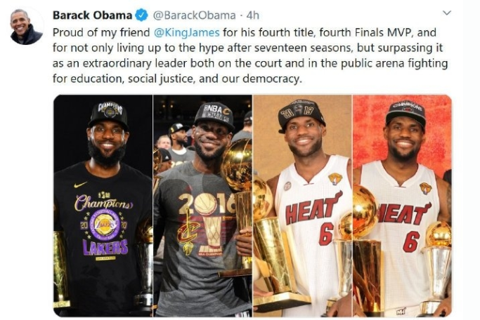 奥巴马祝贺詹姆斯夺冠 奥巴马为詹姆斯感到骄傲